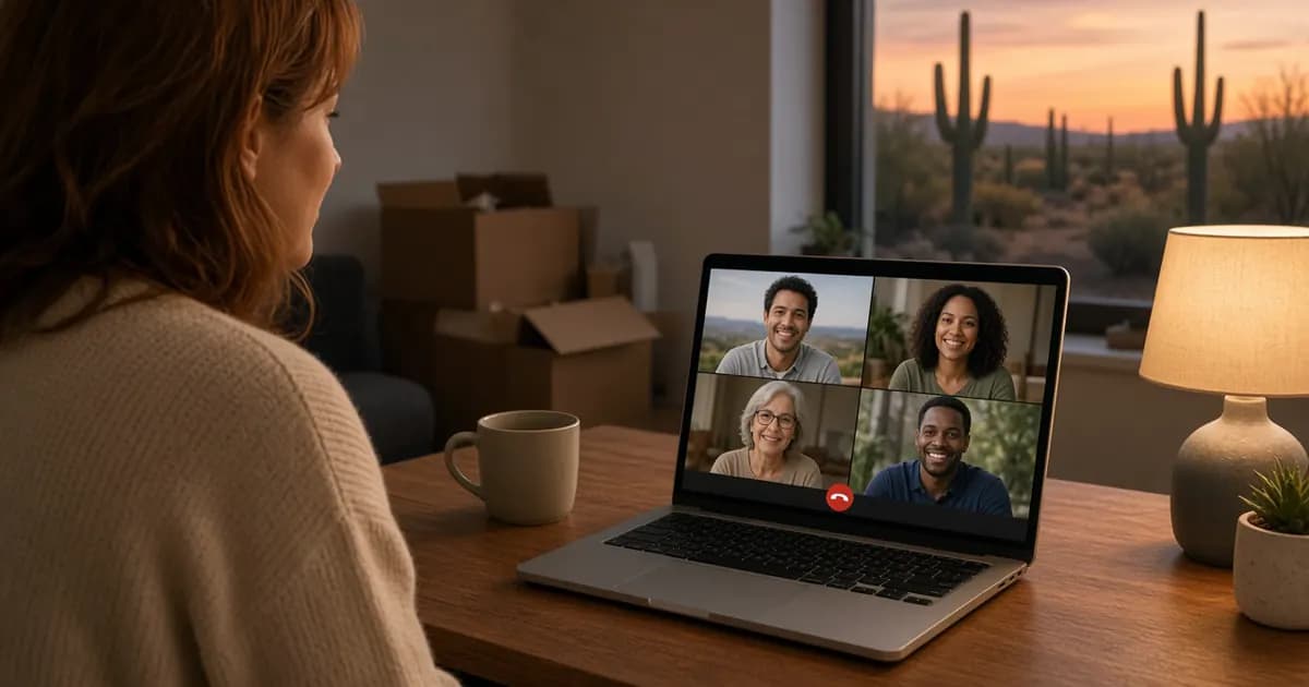 Woman over the shoulder at her desk on an evening video call with four friends on her laptop after relocating to Arizona