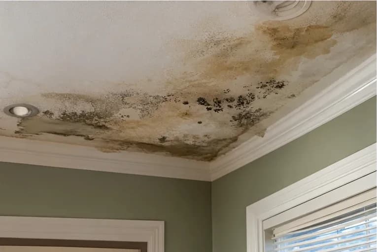 Dark mold spots and water damage on a ceiling near a recessed light, the kind of moisture problem a vacant house can hide