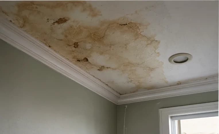 Brown water stain spreading across a white ceiling near crown molding, a sign of a roof or plumbing leak that was never fixed