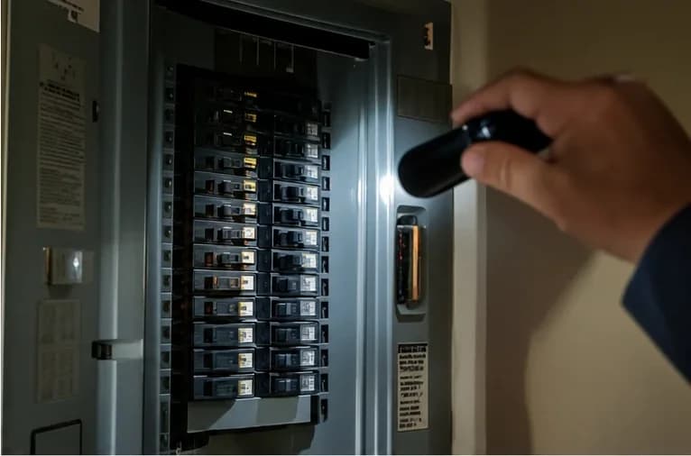 A flashlight beam on an open residential electrical panel showing rows of breakers, the kind of panel the 2026 California electrical inspection notice covers