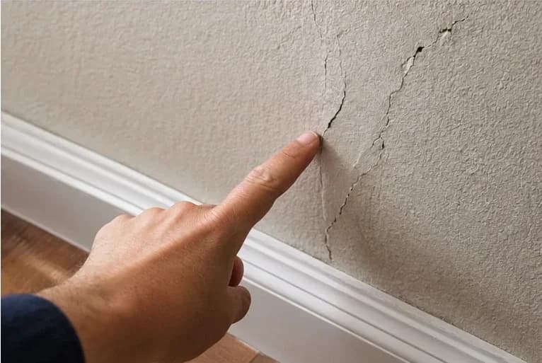 A finger pointing at a diagonal crack running up an interior wall above the baseboard, a possible sign of foundation movement