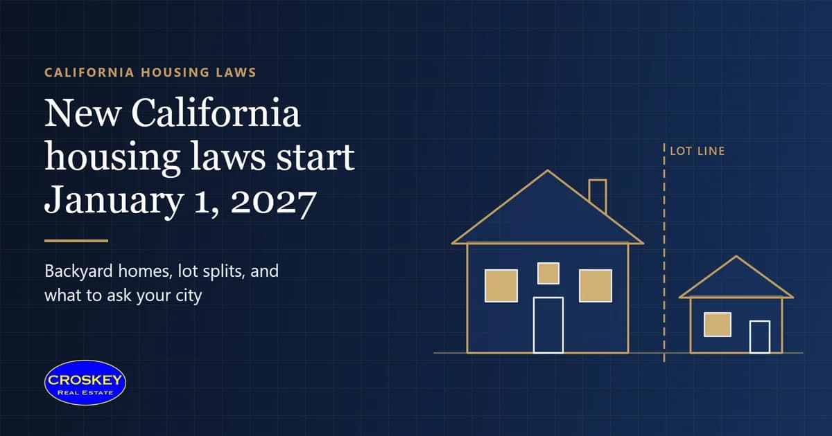 Drawing of a house and a smaller backyard unit on either side of a dashed lot line, on the Croskey Real Estate banner for the 2027 California housing laws guide