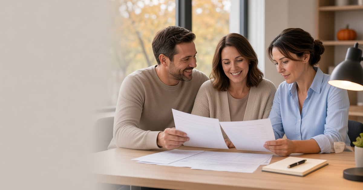 Property manager and homeowners reviewing plans in a warm office with subtle autumn Halloween decor