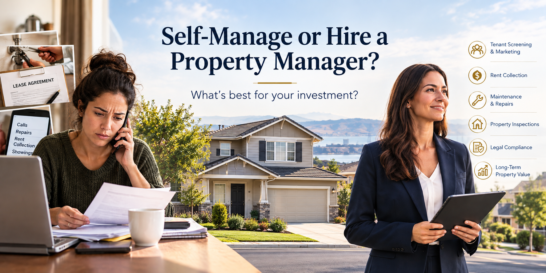 Banner reading "Self-Manage or Hire a Property Manager? What's best for your investment?" showing a stressed rental owner buried in tenant calls and paperwork on the left, a suburban California home in the centre, and a professional property manager on the right beside a list of services: tenant screening and marketing, rent collection, maintenance and repairs, property inspections, legal compliance, and long-term property value